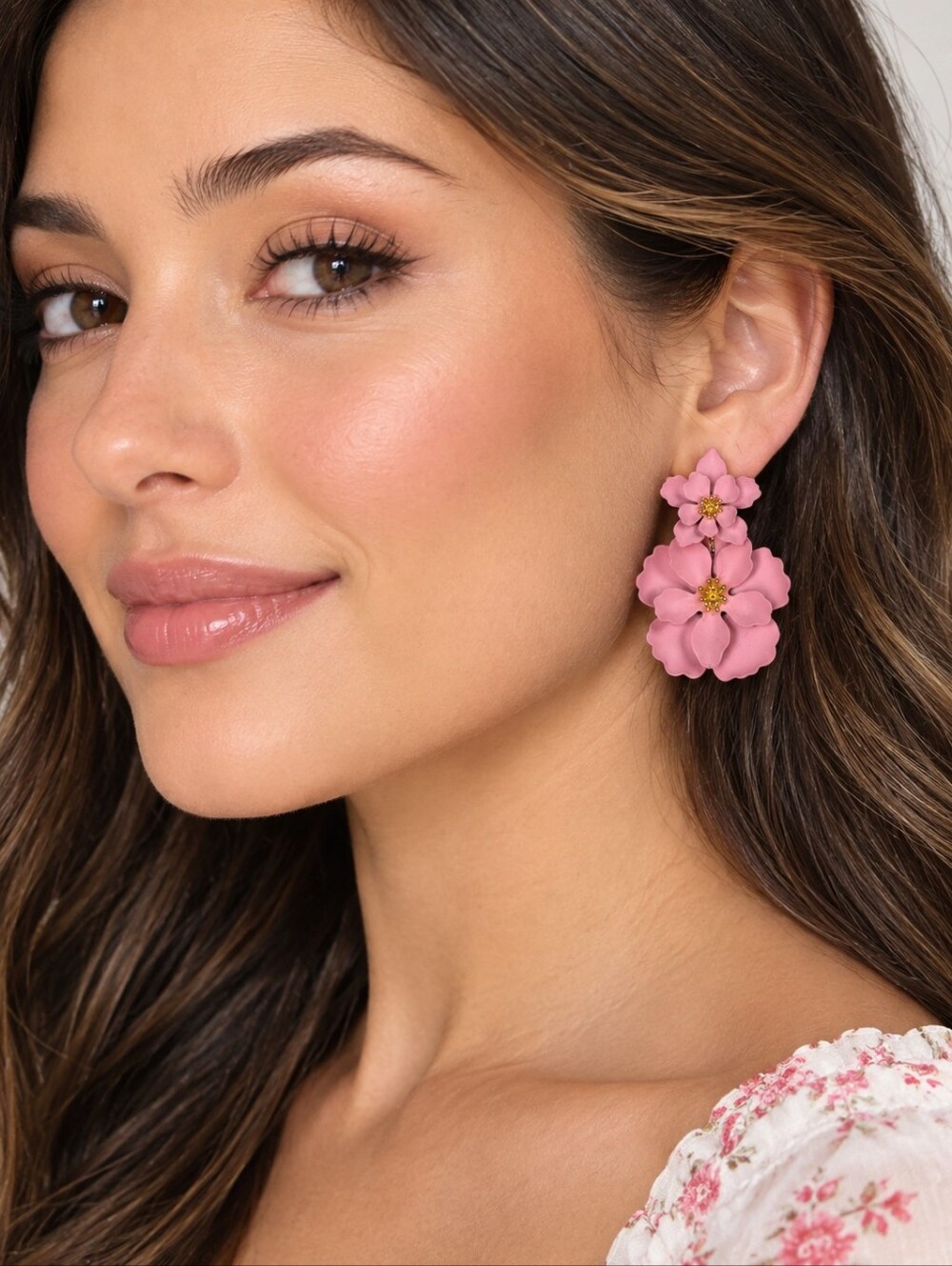 Pink Wildflower Floral Earrings Tiered Feminine Statement Piece Fashion Jewelry